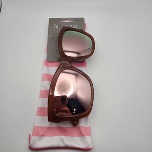 NWT Falls Creek Brown Sunglasses & Pink & White Striped Pouch
